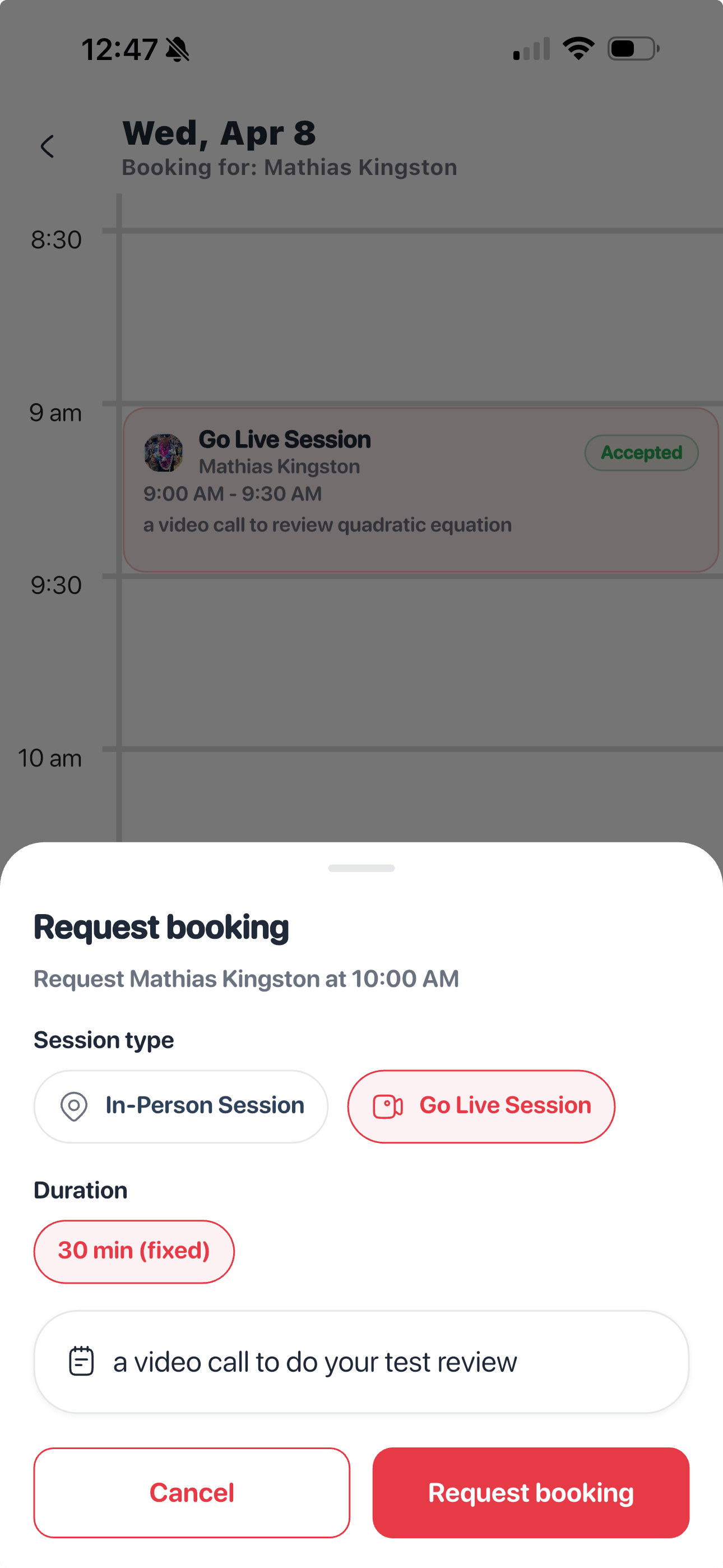 Shows the in app booking functionality