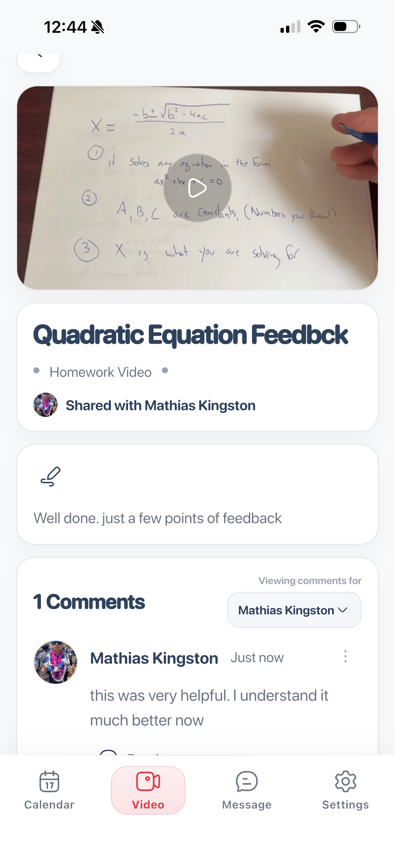 Opened video of Trainer Describing drill and the comment section between the trainer and Athlete